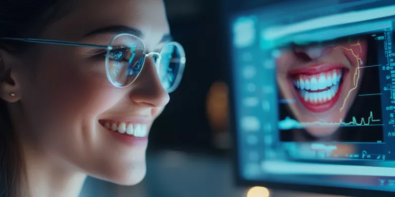 A digital consultation where the patient checks her smile on a virtual screen, showing her dental health progress. Generative AI