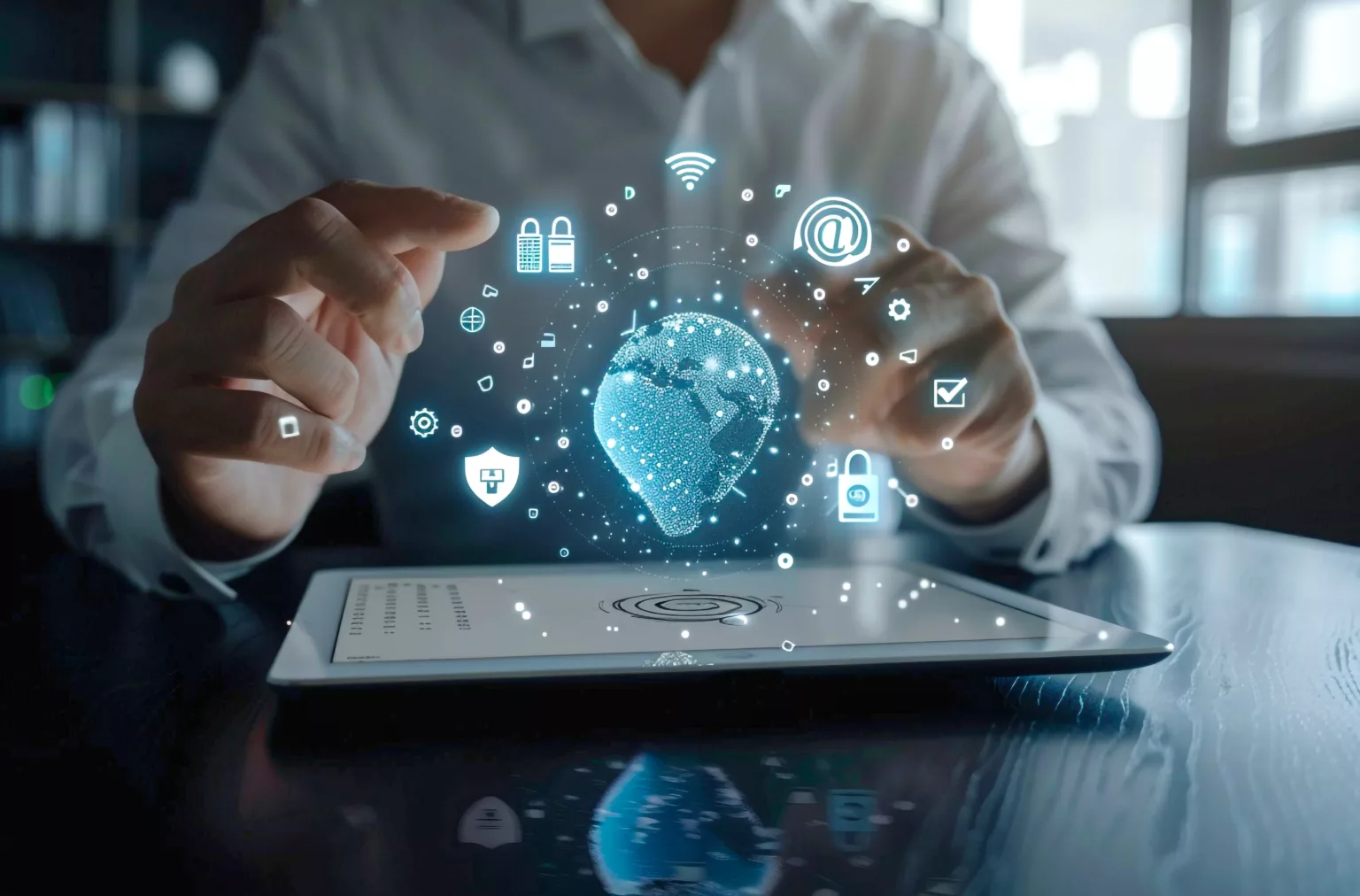 Businessman Using Tablet with Futuristic Digital Interface Businessman Using Tablet with Futuristic Digital Interface